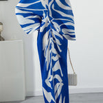 Original Batwing Sleeves Long Sleeves Contrast Color Printed Pleated V-Neck Midi Dresses