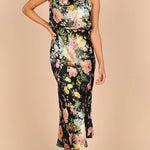 Wine Country Dates Floral Halter Neck Elastic Waist Satin Maxi Dress