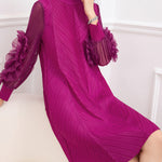 Long Sleeves Loose Embroidered Pleated Solid Color Round-Neck Midi Dresses