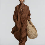 Women's Chocolate Linen Dress With Relaxed Silhouette & Long Sleeves, Timeless Boho-Casual Style Dress