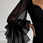 Flared Sleeves Long Sleeves Solid Color Split-side Zipper V-neck Maxi Dresses