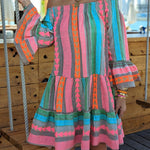 Friendly Shores Linen Blend Ethnic Print Off Shoulder Loose Mini Dress