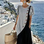 Women'S Casual Round-Neck Color-Block Patchwork Dress