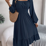 A-Line Elasticated Waist Pleated Ruffled Solid Color Square-Neck Midi Dresses