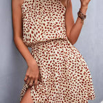 A-Line High Waisted Elasticity Leaves Print Pleated Halter-Neck Mini Dresses