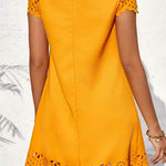 Loose Short Sleeves Hollow Pleated Solid Color Split-Joint Round-Neck Mini Dresses