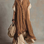 Bohemian Casual Striped Midi Dress With Linen Patchwork Hem.