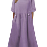 A-Line Loose Buttoned Pleated Pockets Round-Neck Midi Dresses