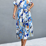 A-Line Loose Hollow Printed Tied Waist Round-Neck Midi Dresses