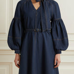 Long Sleeves Puff Sleeves Belted Bow-Embellished Solid Color V-Neck Mini Dresses