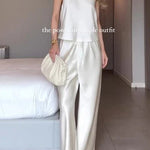 Modern Day Glam Satin Halter Tie-up Tank and Elastic Waist Wide Leg Pants Set