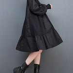 Loose Puff Sleeves Pleated Solid Color Split-Joint Round-neck Midi Dresses