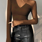 Long Sleeves Skinny Asymmetric Solid Color Split-Joint High Neck T-Shirts Tops