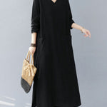 A-Line Long Sleeves Pockets Solid Color Split-Side V-Neck Maxi Dresses