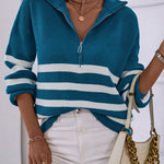 V Neck Collar Ribbed Knitted Stripe Pullover Sweater