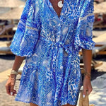 Fashion Stand Collar Shift Printed Resort Mini Dress
