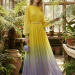 High Waisted Long Sleeves Belted Contrast Color Gradient Pleated Split-Joint Round-Neck Maxi Dresses