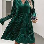 A-Line Long Sleeves Pleated Solid Color Velvet V-Neck Mini Dresses