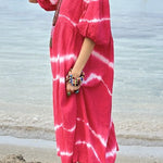 Striped tie-dye bubble half-sleeve V-neck casual dress