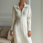 Elegant Zip-Front Knitted Sweater Dress In Ivory