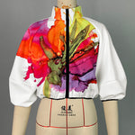 Loose Puff Sleeves Asymmetric Floral Printed Split-Joint High Neck Outerwear
