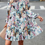 A-Line High Waisted Printed Split-Joint Tied Mock Neck Mini Dresses