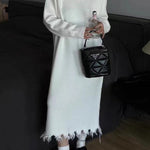 High Waisted Long Sleeves Fringed Solid Color Round-Neck Midi Dresses Sweater Dresses