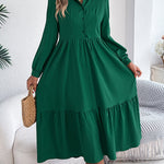 High Waisted Long Sleeves Pleated Ruffled Solid Color Lapel Midi Dresses Shirt Dress