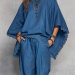 Off-shoulder Tencel Denim Batwing Sleeve Top & Tapered Trousers Set With Lace Trim