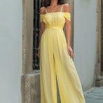 Soft Yellow Off-Shoulder Chiffon Wide-Leg Jumpsuit