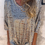 Gray Leopard Print 3/4 Sleeve V Neck Loose Fit T Shirt