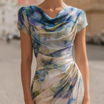 Draped Cowl-Neck Print Midi Dress