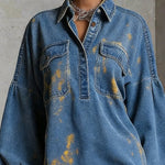 Casual Plain Raglan Sleeves Denim Shirt Collar Mini Dress