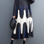 A-Line Long Sleeves Contrast Color Pleated Printing Split-Joint Polo Midi Dresses