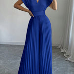 Loose Short Sleeves Pleated Solid Color Split-Joint V-Neck Jumpsuits