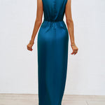 Loose Sleeveless Pleated Split-Front Split-Joint V-Neck Maxi Dresses