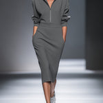 Women's Casual Cotton Polyester Half  Zip Midi Dress