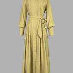 A-Line Long Sleeves Buttoned Pleated Pockets Solid Color Tied Waist V-Neck Maxi Dresses