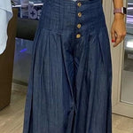 High Waisted Loose Buttoned Pleated Pockets Solid Color Jean Pants Bottoms