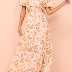 Elastic puff sleeves pleated waist back hollow sweet long skirt