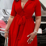 A-Line Loose Pleated Pockets Solid Color Tied Waist Notched Collar Midi Dresses