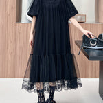 Fake Two-Piece Loose Gauze Pleated Solid Color Split-Joint Tiered Round-Neck Midi Dresses