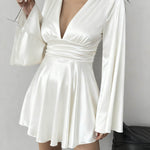 Bodycon Elasticated Waist Solid Color Deep V-Neck Mini Dresses