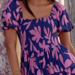 Botanical print puff sleeve A-line dress
