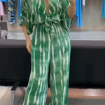 Striped Print V-Neck Lace-Up Casual Wide-Leg Jumpsuit