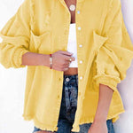 Distressed Raw Hem Denim Jacket with Chest Pockets