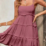 A-Line Loose Jacquard Layered Pleated Solid Color Split-Joint Spaghetti-Neck Mini Dresses