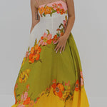 Linen Blend Contrast Floral Print back smocked Pocket Maxi Dress