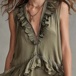 Boho Vintage Olive Ruffle V-Neck Tencel Mini Dress