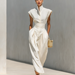 Women's Pure Cotton Lapel Cap Sleeves Waist Maxi Dress